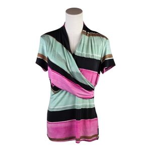 DKNY Colorful Striped Draped Faux Wrap Top Size S Pink Mint Black